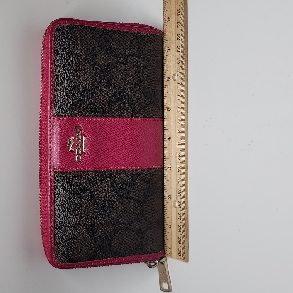 Coach Signature PVC/Leather Accordian Zip Wallet Brown and Pink